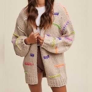 Listicle Beige Colorful Knit Open Front Cardigan Sweater
